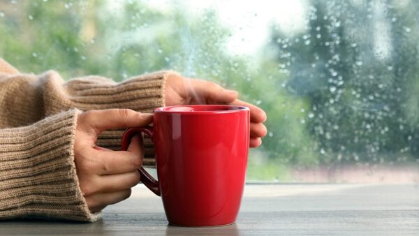 Manos sosteniendo una taza tibia junto a una ventana luminosa
